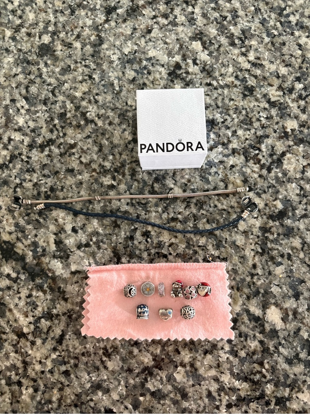 Pandora Silver 925 Blue leather Charm Bracelet Set Christmas hearts moon pcb